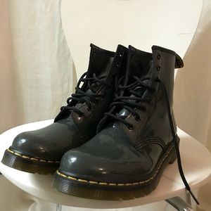 Grey patent leather Dr. Martens boots